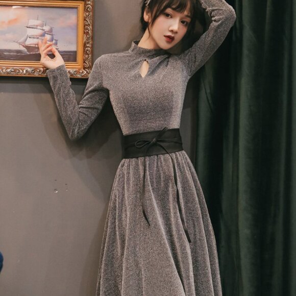 Metallic Silver Glitter Midi Women Dress - Picture 3 of 5